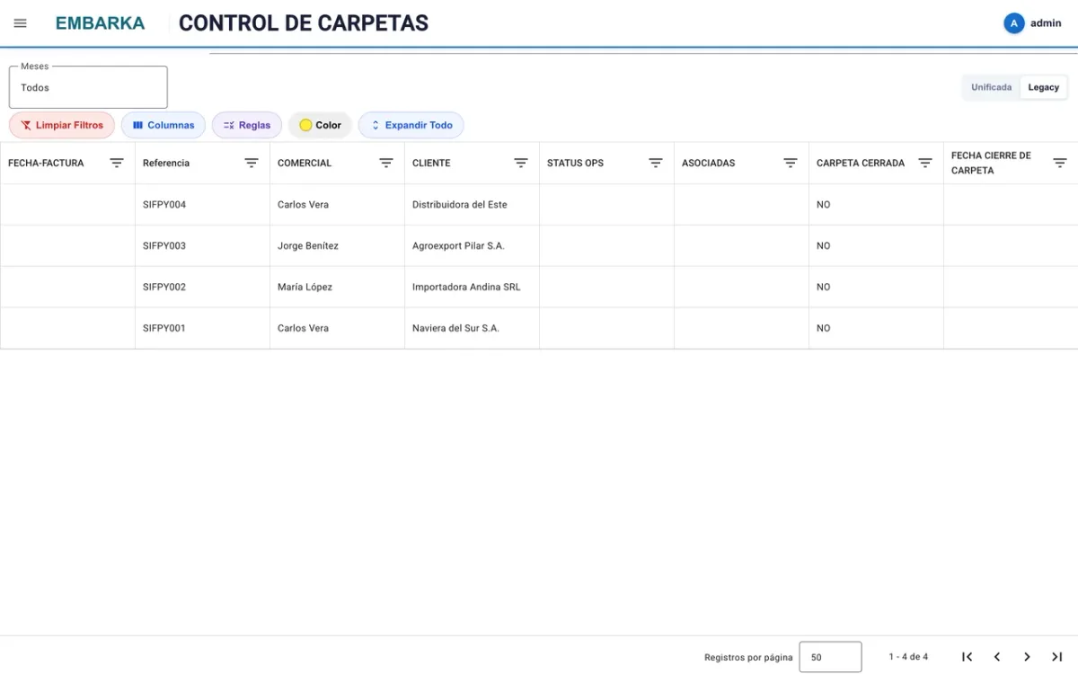 Control de carpetas en Embarka: estado operativo y administrativo de cada carpeta con su comercial, cliente y fecha de cierre
