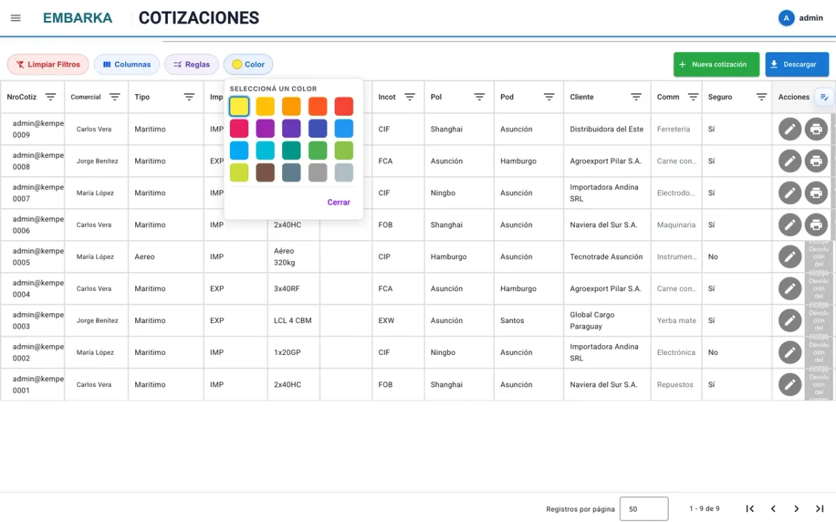 Cotizaciones en Embarka: listado de ofertas por cliente y ruta con reglas de coloreado configurables por el usuario