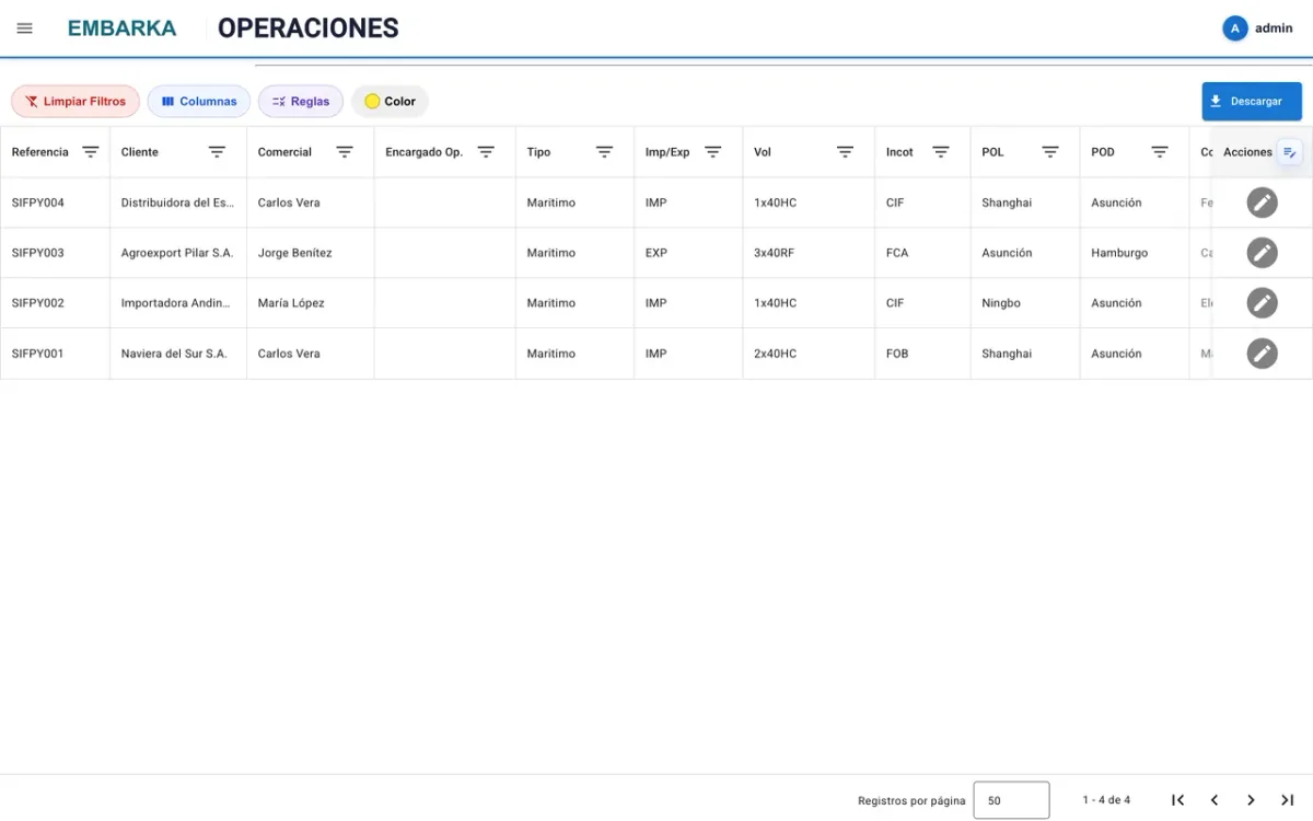 Pantalla de Operaciones de Embarka: tabla de embarques con referencia, cliente, tipo, volumen, incoterm y puertos de origen y destino
