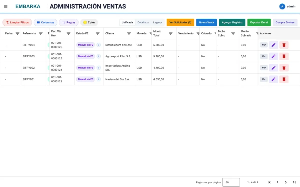 Administración de ventas en Embarka: facturas por carpeta con moneda, monto total, estado de cobro y exportación a Excel